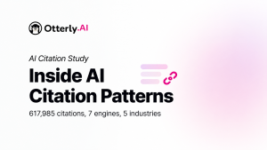 Featured image for an OtterlyAI study on AI citation patterns based on 617,985 citations across seven AI engines and five industries.